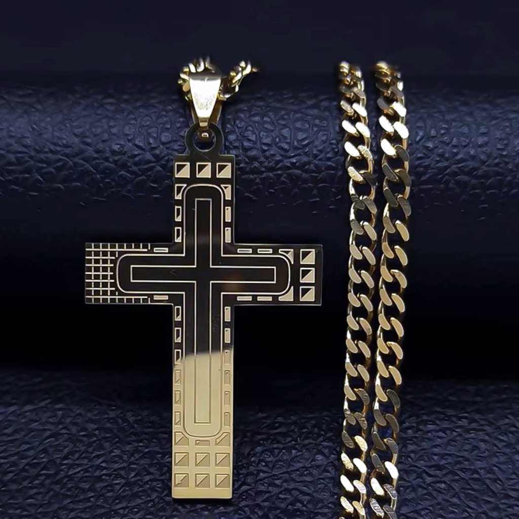 Geometric Design Crucifix Necklace Stainless Steel Gold Color Pendant 19 Chain